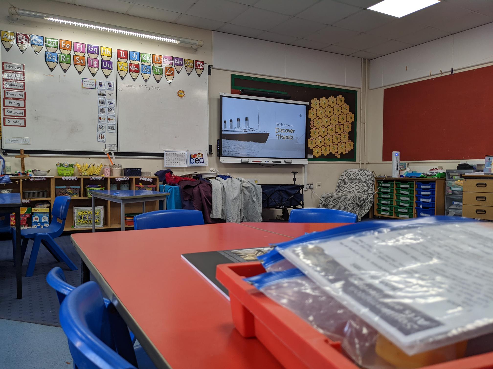 Classroom with Titanic on the screen 